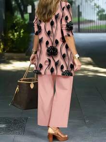 Plus Size Women's Fashionable Printed Elegant Tank Top & Pants & Coat 3 Pieces Set Pink Spring Summer - Pink - View 2