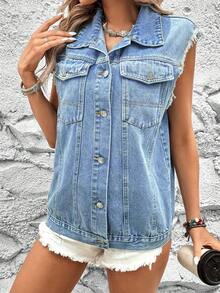 Casual Denim Vest Jacket, Versatile For Spring/Summer Daily Wear, School, Party, Travel, Airport - 藍色 - 查看 6