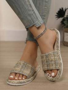 女士新款亚麻图案室内平底拖鞋，夏季防滑加厚舒适亚麻平底凉鞋，软底毛绒拖鞋 - 綠色 - 查看 2