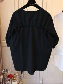 Plus Size Bohemian Style Solid Color Blouse, Regular Length, Asymmetric Hem, 3/4 Puff Sleeves, Comfortable Woven Shirt Spring Black - Black - View 4