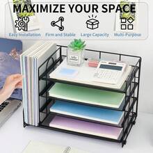 Desk Organizer, Multi-layer Letter Sheet, Stackable File Holder, Storage Bins with Handle, Office Supplies for A4 Document Sheet, Paper, Book, Magazine - Schwarz-4 Stufe - Übersicht 2