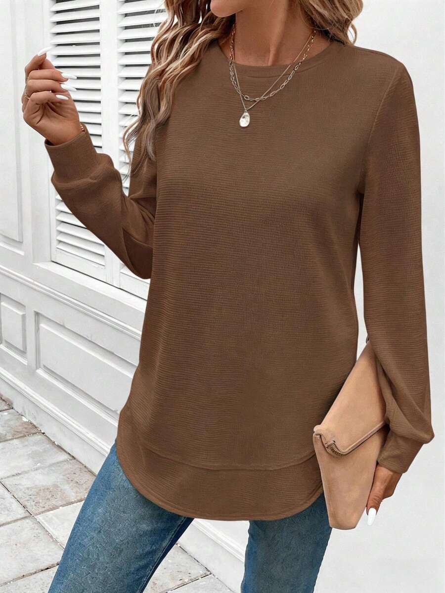 Spring Collection Women's Checked Knitted Rounded-Edge Lightweight Long-Sleeved Top, Round-Neck Relaxed Style Casual Shirt, Casual Sporty Style Daily Commuting Casual Wear, Street Fashion Light Sportswear, Multi-Color Knitted Pullover Available For Spring And Summer Seasons - Brown - View 1