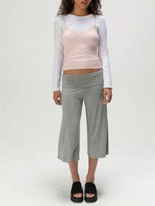 Women's Fold Over Waist Capri Fashionable Casual Solid Color Low Rise Wide Leg Crop Pants - 灰色 - 查看 4