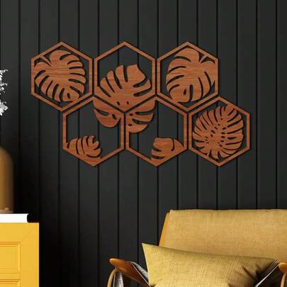 6 miếng dán tường bằng gỗ hình lục giác 3D họa tiết lá cọ Bắc Âu sáng tạo, dùng để trang trí tường nhà, những mảnh gỗ nhiều màu sắc.