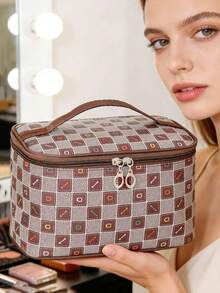 DAONIAO 1个格子图案化妆包，大容量可折叠化妆品收纳包，居家旅行伴侣 - 棕色 - 查看 1