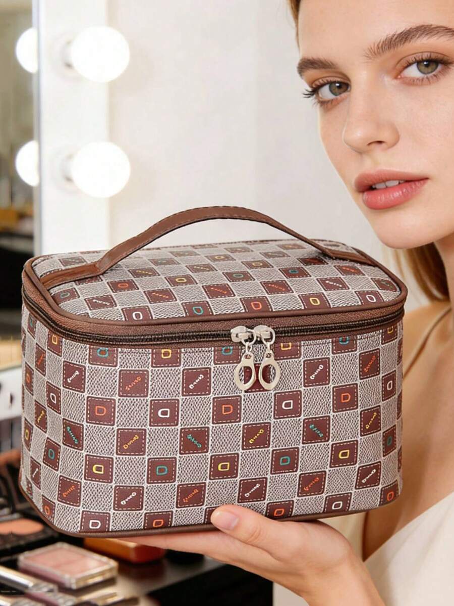 DAONIAO 1个格子图案化妆包，大容量可折叠化妆品收纳包，居家旅行伴侣 - 棕色 - 查看 1