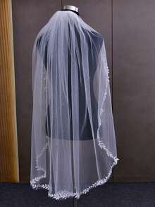 婚纱头纱蕾丝边新娘头纱带梳子1米婚纱头纱薄扇形蕾丝边曼蒂拉新娘配饰 - 彩色 - 查看 5