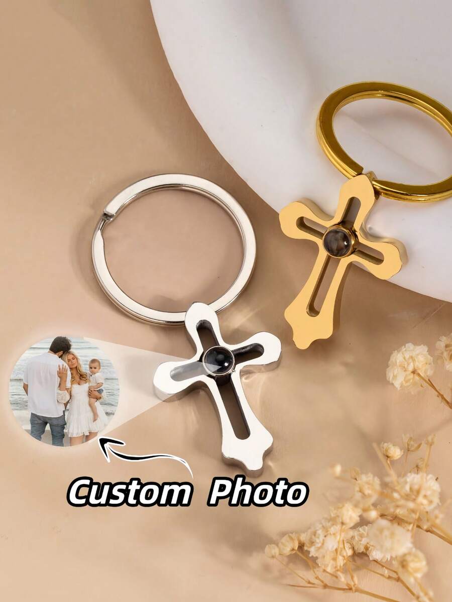 1-Piece Custom Photo Projection Keychain, Personalized Cross Projection Keychain, Keychain With Photo Projection, Commemorative Photo Jewelry, Personalized Christian Cross Keychain, Baptism Gift, Gift For Him And Her. - Custom Photo Projection Keychain - View 1