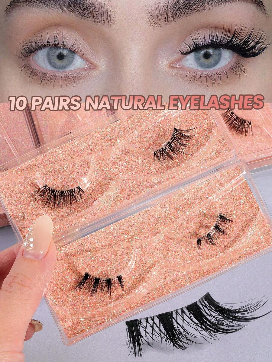 MAANGE 10/2 pares de pestañas postizas de aspecto natural de piel de zorro con bandas de pestañas transparentes, pestañas esponjosas y delicadas con estilo de dibujos animados para rizar y agrandar los ojos, pestañas de ojos de gato desordenadas, pestañas cortas y delgadas similares al mink, naturales y rizadas para agrandar los ojos, adecuadas para uso diario, viajes, fiestas, trabajo, regalo para mujeres - Negro - Ver 1