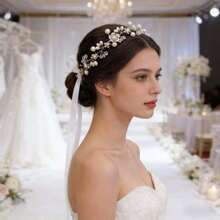 1pc Handmade Golden Pearl Flower Headband, Bridal Wedding Party Hair Accessory - Gold - View 3