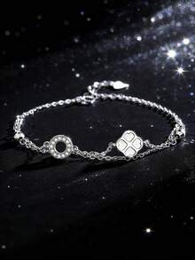 1pc S925 Sterling Silver Geometric Circle & Four-Leaf Clover Pendant Bracelet For Women, Fashionable, Elegant, Sophisticated Design, Versatile For Work And Occasions - Four Leaf Clover - View 7