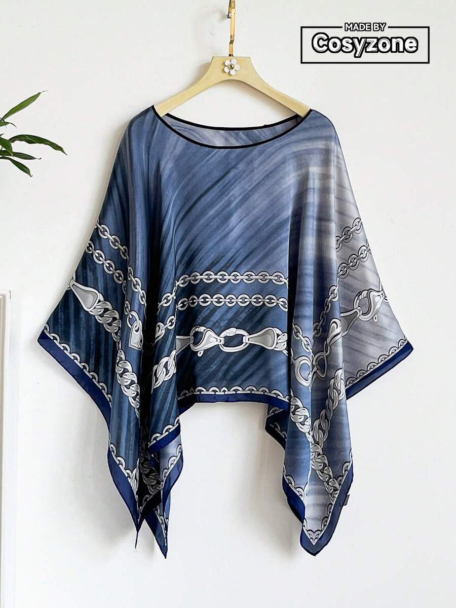1 chiếc khăn choàng/khăn quàng cổ bằng chiffon mỏng nhẹ, thời trang, đa năng, tối giản, in họa tiết dây xích dành cho nữ, thích hợp cho đi biển, chống nắng và trang trí trang phục thường ngày. - Màu xanh bụi bặm - Xem 1