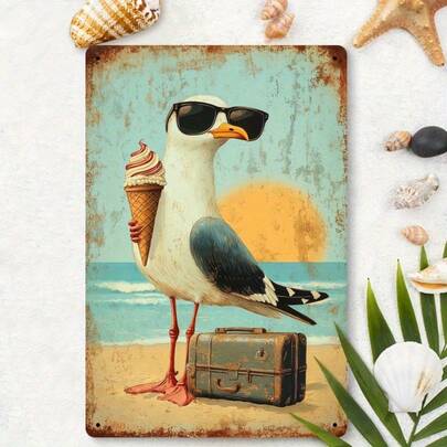 2D Flat - 2D Retro Coastal Metal Wall Decor - 8X12 Inch Iron Seagull With Ice Cream Stylish Glasses Design, Rustic Beach Home Decoration, No Electricity Needed, Durable Pre-Drilled Artwork, A Must-Have For Summer Parties, Fun Ocean Theme