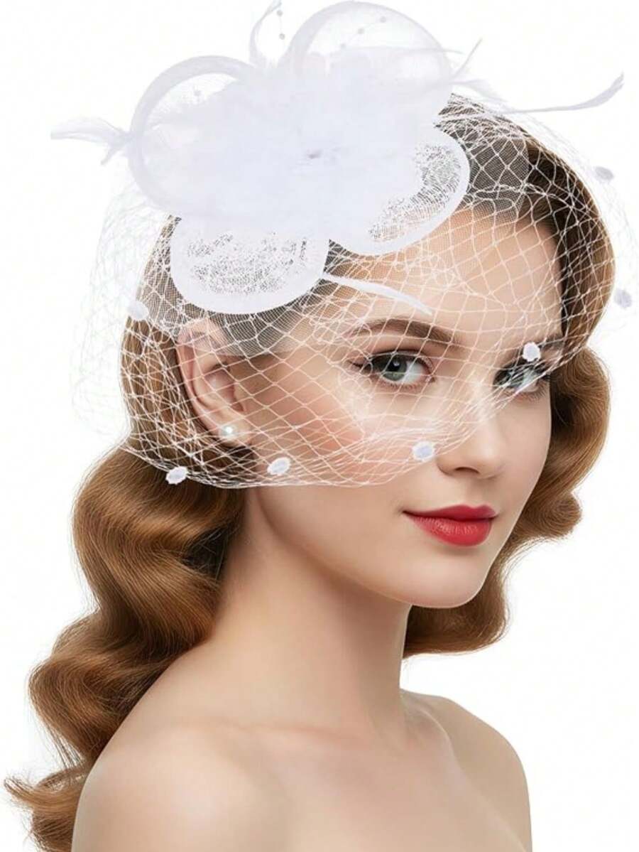 1pc Women's Vintage 20s 30s 50s Style Fascinator Hat, Retro Headpiece With Bow, Flower & Veil, Suitable For Wedding, Tea Party - White - View 1