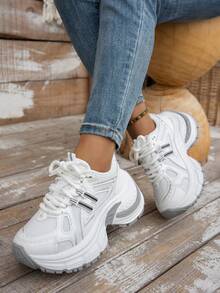 2024春夏新款软皮厚底运动鞋，透气网面跑步鞋，女士休闲运动鞋 - 灰色 - 查看 6