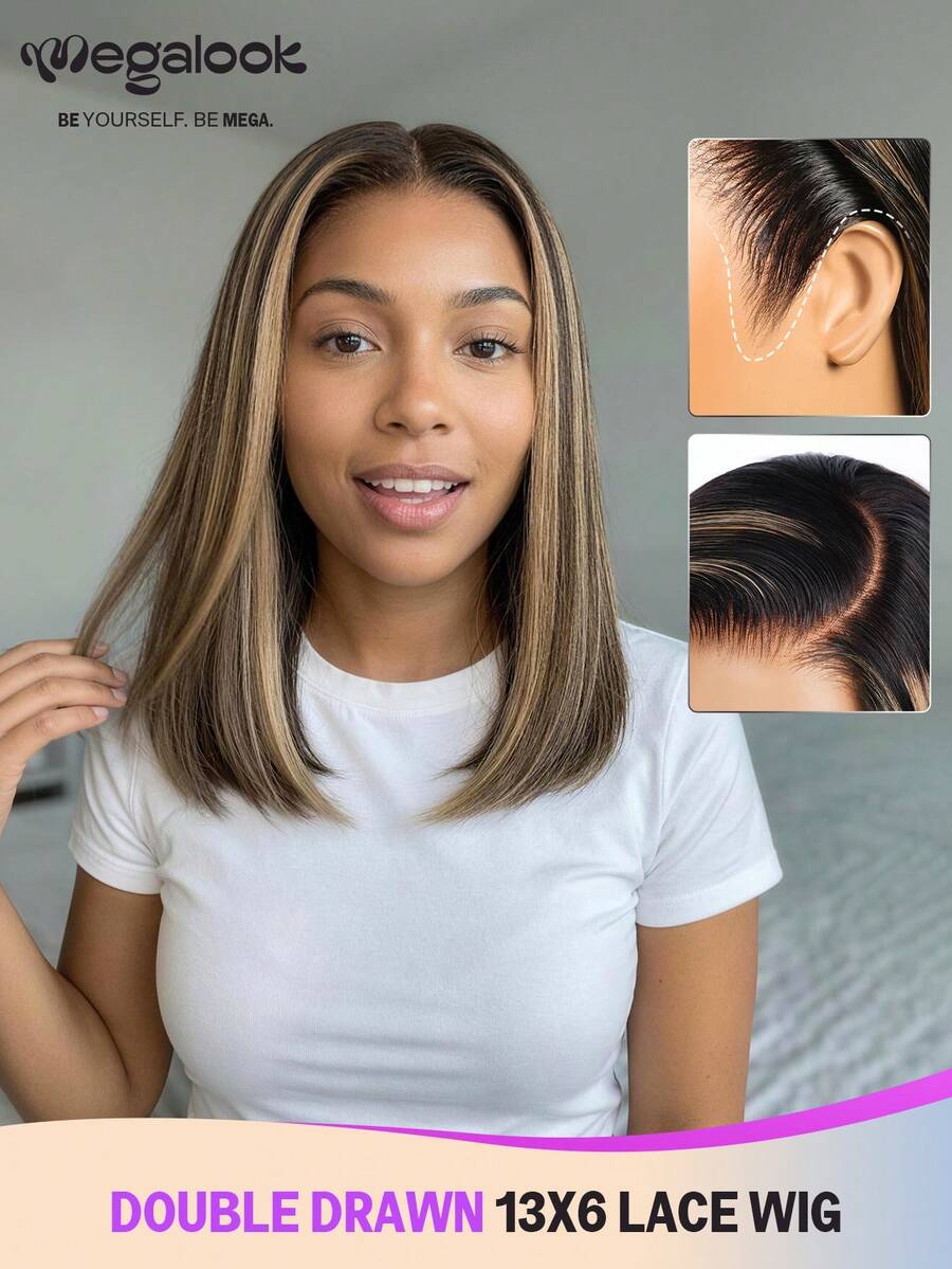 MEGALOOK 升级款 13x6 三合一™ 无胶假发，渐变铂金色挑染直发波浪卷，带抽绳，100% 真人发丝，透明蕾丝前额，预剪耳到耳蕾丝无胶假发，预拔毛自然发际线，波浪卷发造型，无需胶水，适合初学者，女性日常佩戴 - 彩色 - 查看 1