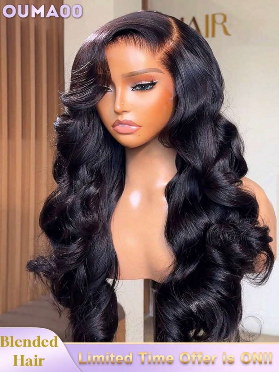 13x6 13x4蕾丝前假发，真人混纺发丝，预先拔毛，自然波浪，高清透明蕾丝前假发，200密度，无胶假发，带婴儿发，女士自然黑，即戴即走，无胶假发