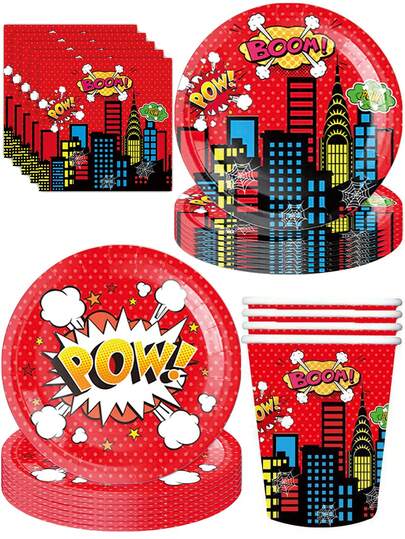 10pcs Cartoon City Hero Birthday Theme Party Plates, Paper Cups, Party Tableware, Birthday Party Supplies, Camping Travel, Camping Essential