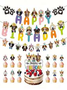 Conjunto de Decorações de Aniversário com Tema de Cachorro e Gato, Faixa de Aniversário e Decorações de Cupcake, Decorações de Festa de Aniversário de Animais de Estimação, Bandeirolas Fofas com Rosto de Filhote de Cachorro, Decoração com Pegadas, Topo de Bolo de Aniversário de Cachorro, Suprimentos de Festa de Aniversário de Amantes de Animais de Estimação para Crianças e Cachorros - A - Visão 5
