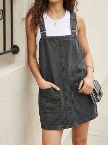 CICILEEDA Women's Casual Sleeveless Denim Pinafore Dress With Straps, Raw Wash Short Length For Everyday Wear - Xám - Xem 4