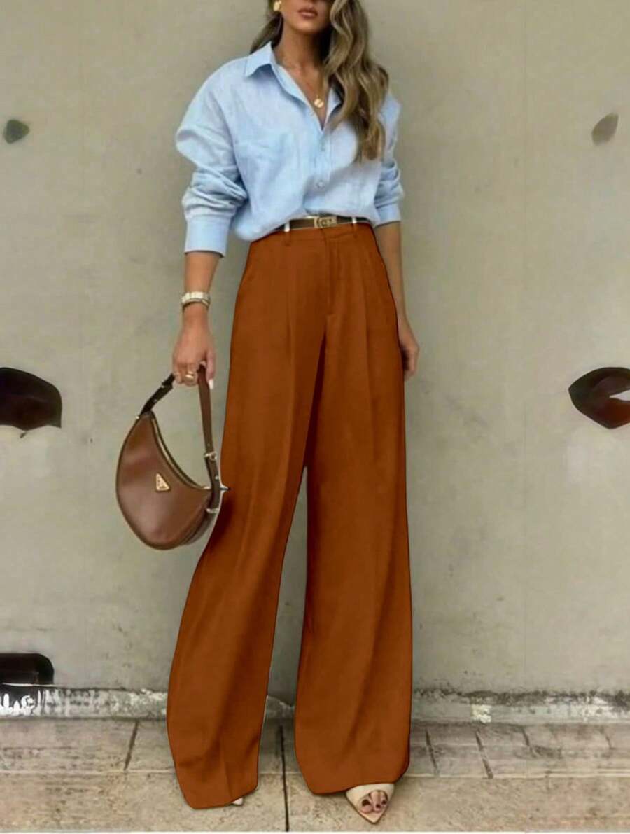 Straight-Leg, Wide-Legged Suit Trousers. Floor-Length. - Brown - View 1
