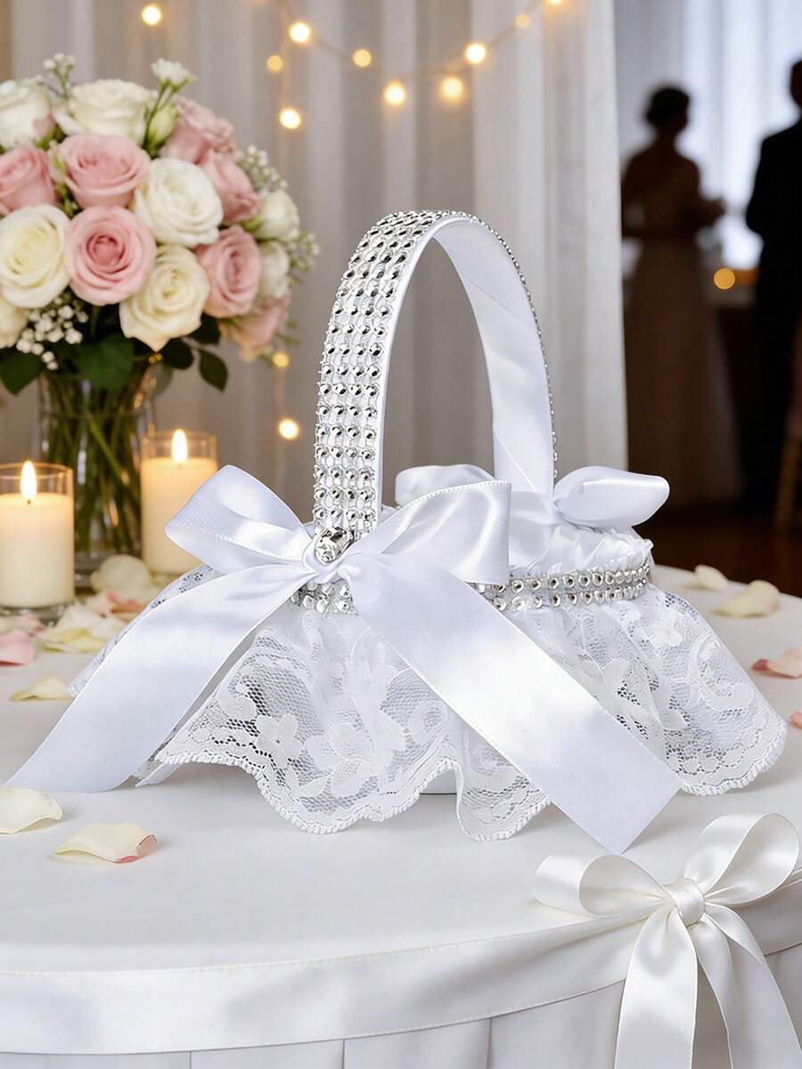 Giỏ hoa cho bé gái bằng ren trắng đính đá, giỏ cưới bằng satin thanh lịch dành cho cô dâu và phù dâu trong lễ cưới. - 1PC - Xem 1