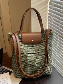 Minimalist Large Capacity Tote Bag, Rainbow Shoulder Bag - Green - View 1