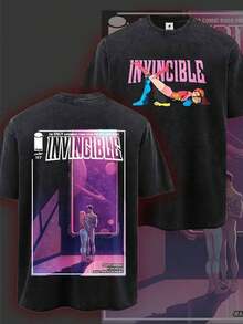 Men's Heavy-Weight Anime T-Shirt, Featuring An Invincible Manga Cover Design, Soft Wash, Double-Sided Print, Black, Round Neck, Short Sleeves, Geometric Print, Casual Street Style, Suitable For Events, An Ideal Gift For Anime Enthusiasts, Vintage Aesthetic, Durable Materialsummer Outfits For Women - màu đen - Xem 6