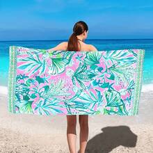 超大热带树叶沙滩巾 - 速干防沙超细纤维，亮粉色配绿色树叶图案，超大长方形毛巾，适合泳池和海滩使用，耐用柔软，现代风格，沙滩必备 | 花卉图案毛巾 | 速干面料，沙滩巾 - A - 查看 3