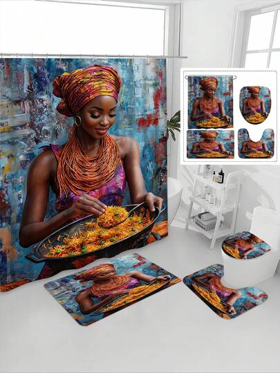1/4 件套西非女性炒饭印花防水浴帘套装，宁静疗愈，防水防霉，加厚涤纶材质，免打孔安装，防滑浴垫，吸水马桶垫，数码印花，不易褪色，可机洗，四季皆宜，节日限量版