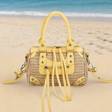 1个黄色拼接铆钉镶嵌金属流苏装饰沙滩度假风草编包，带PU元素，环形可调节肩带，拉链闭合，复古甜美朋克Y2K风格方形手提包，休闲奢华女士斜挎包，可装手机、卡包，适合日常、旅行、购物 - 黃色 - 查看 11