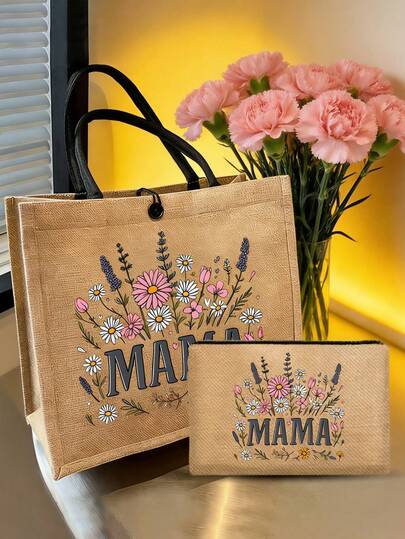 Bolso de mano con bolsa de maquillaje como regalo del Día de la Madre, bolsa de cosméticos para mamá, con motivo floral "Mamá", bolso de gran capacidad, maquillaje, artículos de viaje, organizador portátil, bolso de playa, neceser de viaje, bolsa de maquillaje de viaje, regalo ideal para mamá, esposa, abuela, ideal para honrar a las madres, perfecto para el Día de la Madre, cumpleaños, Acción de Gracias