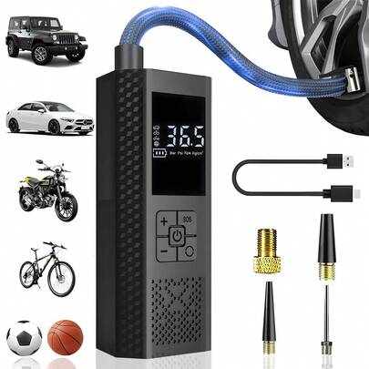 ضاغط هواء محمول قابل للشحن مع مقياس ضغط رقمي، 150 رطل/بوصة مربعة، إضاءة LED، منفاخ إطارات لاسلكي للسيارة والدراجة النارية والدراجة الهوائية، بتصميم مدمج وهيكل متين، منفذ نوع-سي