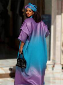 Plus Size African Print Satin Dresses 2 Piece Set Gradient Color Custom Made Elegant Women Outfit Fashionable Oversized Ladies Dress - màu xanh hồ - Xem 4