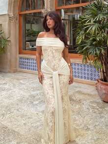 Ilya Strap One-Word Shoulder Lace Dress, Summer Personalized Slim-Fitting Waist Dress - Light Yellow - View 3