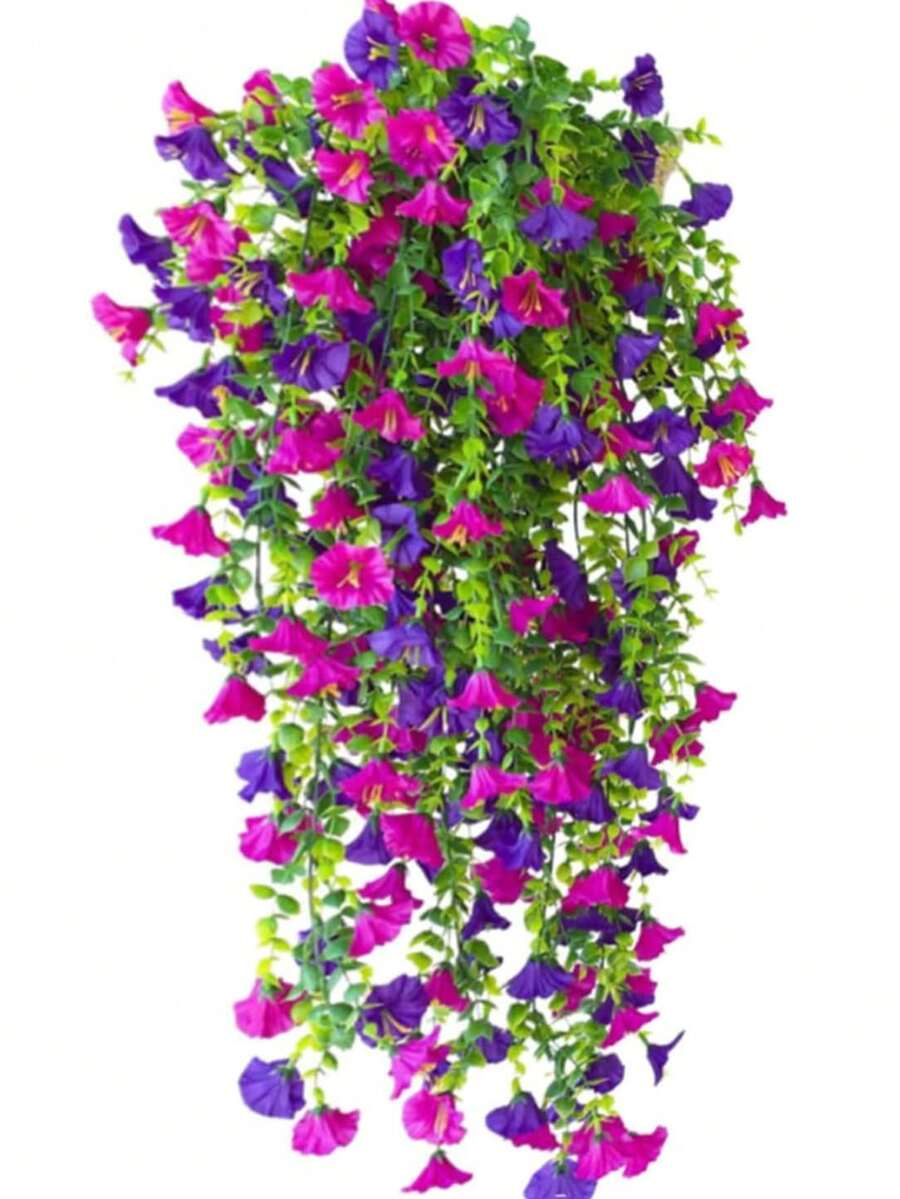 1/2/4 件装户外仿真花卉悬挂式尤加利植物丝绸牵牛花藤蔓抗紫外线绿植周年纪念毕业婚礼派对家居办公室门廊花园庭院墙壁春夏装饰 - 紅蓮加紫-尤加利牽牛花 - 查看 1