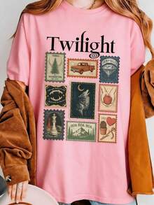 Vintage Twilight Movie Women T-Shirt, Retro Vampire And Wolves Graphic Tee, Y2K Oversized Classic 2000s Film Aesthetic Apparel, GothicHorror Romance - 粉色 - 查看 3