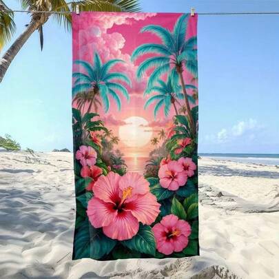 1 pieza Toalla de playa de secado rápido - Diseño con estampado floral y de abeja, Microfibra suave y absorbente, Ligera para playa, camping, piscina