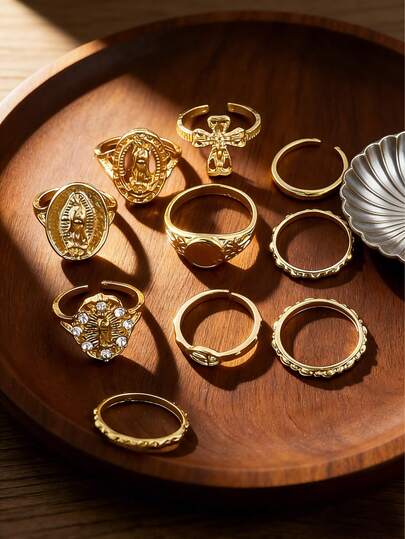 10 Stück modischer Punk Ins Stil Kreuz & Jungfrau Maria Strass Fingerringe Set, vielseitig für Alltag, Party, Streetwear