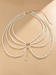 1pc Elegant Fashion Faux Pearl Decor Fashion Chain Waist Belt, Multi-Layer Tassel Body Chain, Sexy Bikini Chain, Suitable For Women's Daily Wear, Party Accessories, Can Be Paired With Dresses, Pants, Summer Beach Holiday Body Jewelry - White - View 2