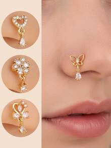 1件/4件装 L型垂坠式锆石鼻钉 – 蝴蝶心形十字鼻环，金银色垂坠式鼻孔穿刺饰品，女士款 - L Shaped Pin - 查看 15