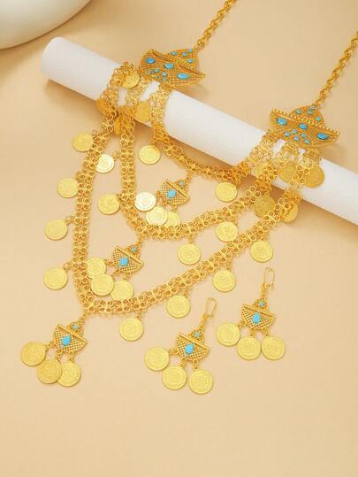 Set de 3 piezas de collar y aretes con borlas estilo bohemio vintage, para uso diario de mujeres