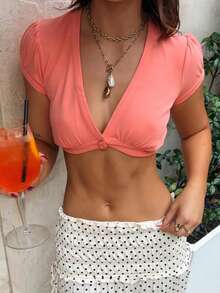 Women's Y2k Solid Color Ruffle Deep V Neck Button Down Crop Tank Tops Cross Wrap Short Sleeve Cap Sleeve Casual Corset Basic Tees, School Girl Outfit, Cosplay Tops, Rave Tops, Going Out Tops, Vacation Outfits Women, Summer Outfits For Women, Spring Outfits For Women - 粉色 - 查看 5