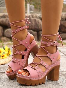 Giày sandal đế cao gót kiểu La Mã, màu trơn, buộc dây, khóa cài, dành cho nữ, phong cách thời trang Âu Mỹ, đa năng. - Hồng - Xem 2