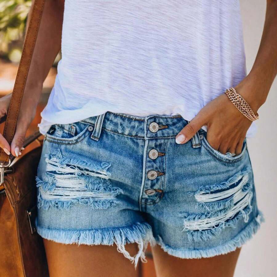 Women's Casual Summer Denim Shorts Mid Waisted Stretchy Ripped Jean Shorts With Pockets Zipper & Buttons Closure Above The Knee - Blue - View 1