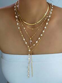 5pcs Fashionable Minimalist Cross Pendant, Faux Pearl Y-Necklace Set, Gold Tone, Layered Necklace For Women, Suitable For Vacation, Date, Party, Birthday, Christmas Gift, Versatile Daily Wear - 黃金 - 查看 7