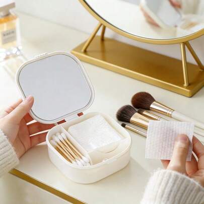 Hộp đựng đồ trang điểm nhiều ngăn có gương, giá để bàn đựng tăm bông, khăn tẩy trang, trang sức, hộp đựng đồ trang điểm di động dung tích lớn tiện lợi khi đi du lịch