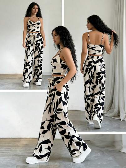 el mejor regalo para el Día de la Madre:2 piezas Conjunto de top de camiseta elástica de tirantes finos y pantalones de pierna ancha con lazo delantero para mujer