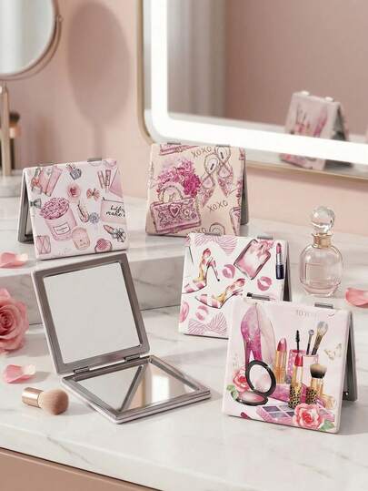 1pc Y2K Series Compact Makeup Mirror, Portable 2X Mangnification Vanity Mirror, Foldable Lightweight Ultra-Thin Convenient Double-Sided Hand Mirror, Travel Mini Makeup Mirror