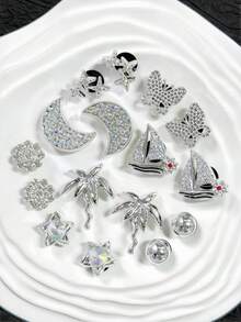 16/18 pièces Série or/argent (paysage marin, palmier, voilier, fleur etc.) Décorations de chaussures, Breloques de chaussures amovibles, Élégant à la mode, Convient pour les sandales, les pantoufles, Idéal pour les cadeaux de vacances - Multicolore - Voir 2